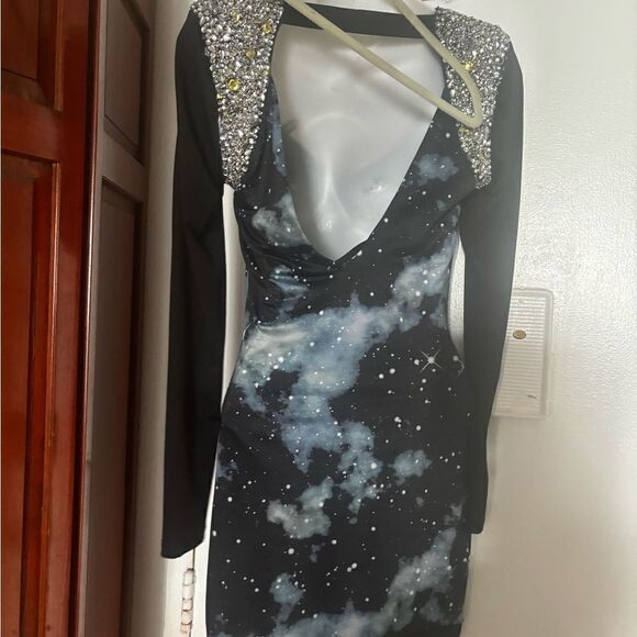 Bebe Galaxy Blue Jeweled Mini Dress runway limited addiction collection - Picture 2 of 9